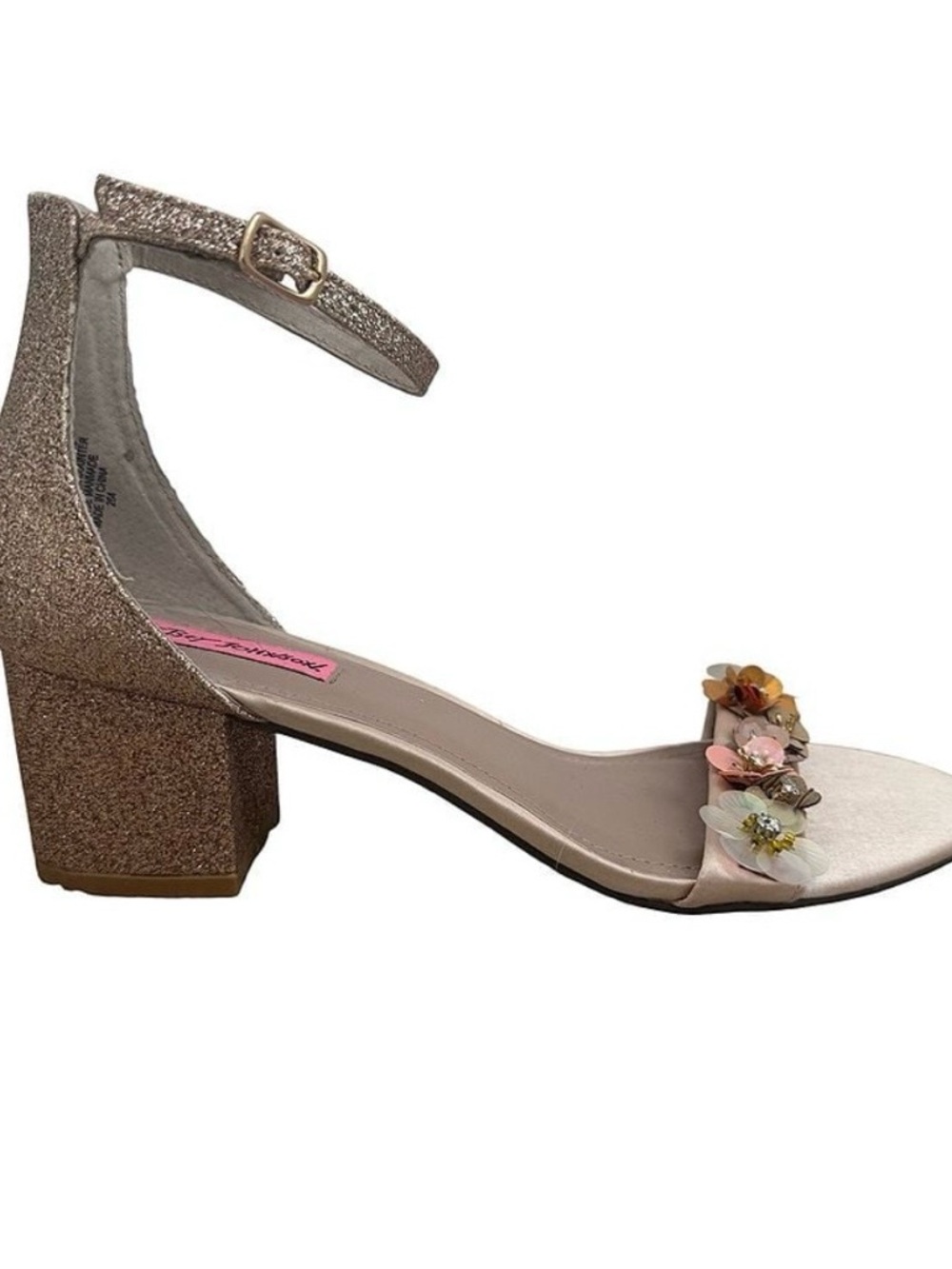 Betsey Johnson Glitter Block Heel Sandal in Rose Gold with Floral Accent - Picture 2 of 5
